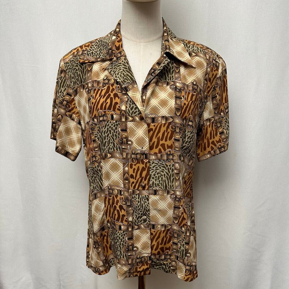 Womens M Silk Short Sleeve Button Down Blouse Patchwork Equestrian Animal Print
